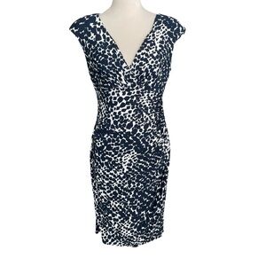 Lauren Ralph Lauren Sheath Ruched Side Dress Women 6 V-Neck Navy White Workwear